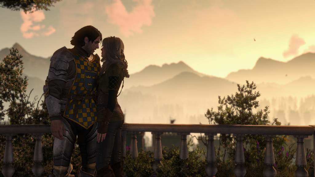 Ciri and Galahad almost kissing at camelot