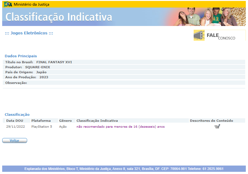 Final Fantasy XVI classificação indicativa Brasil