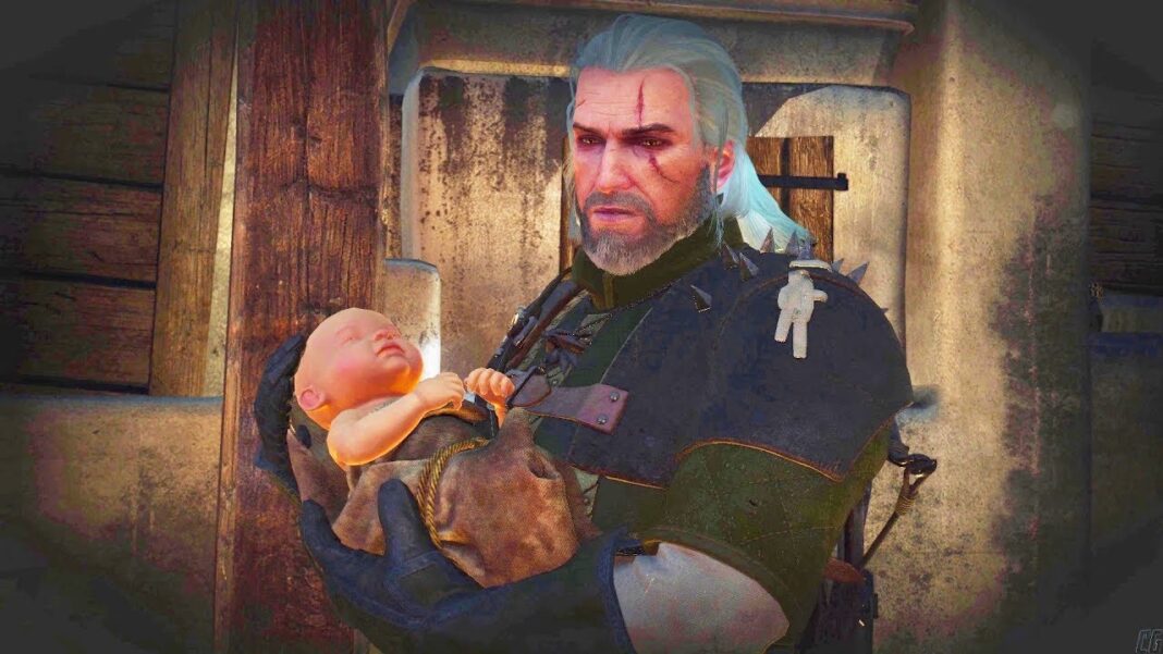 geralt de the witcher 3 segurando um bebê